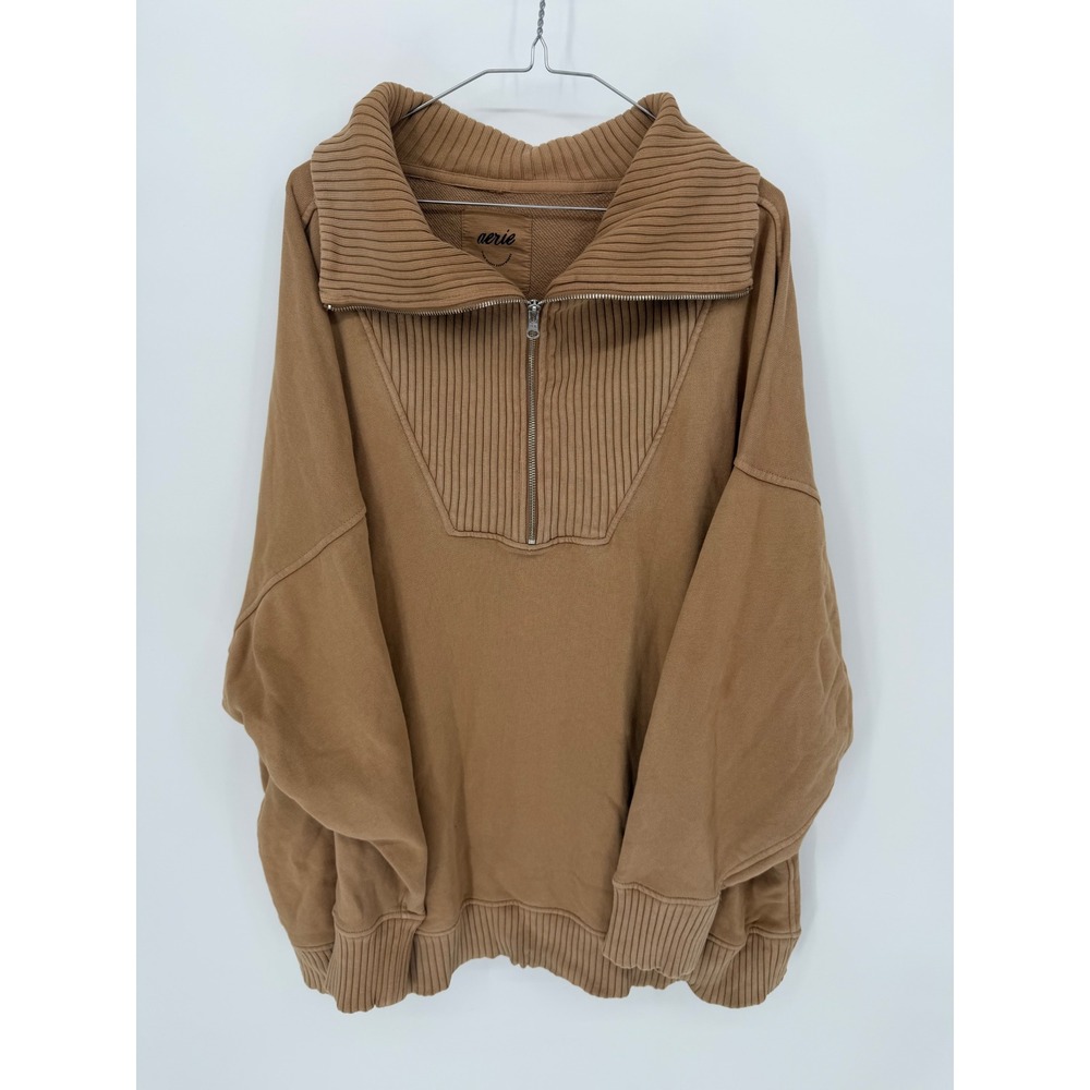 Aerie Womens Sweatshirt Quarter Zip Ribbed Trim Tan XXL